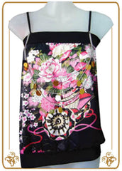 Japanese Geisha Silky Flower Black Top