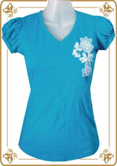 Sweet V-neck Flower Blue Tee