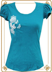 Sweet Round neck Flower Blue Tee